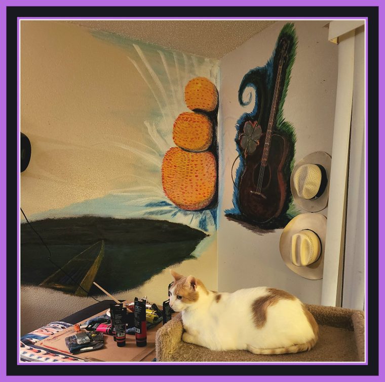 The same corner with the floating orbs developed into textured golden-orange fruit above the boat on the water and the painted guitar.