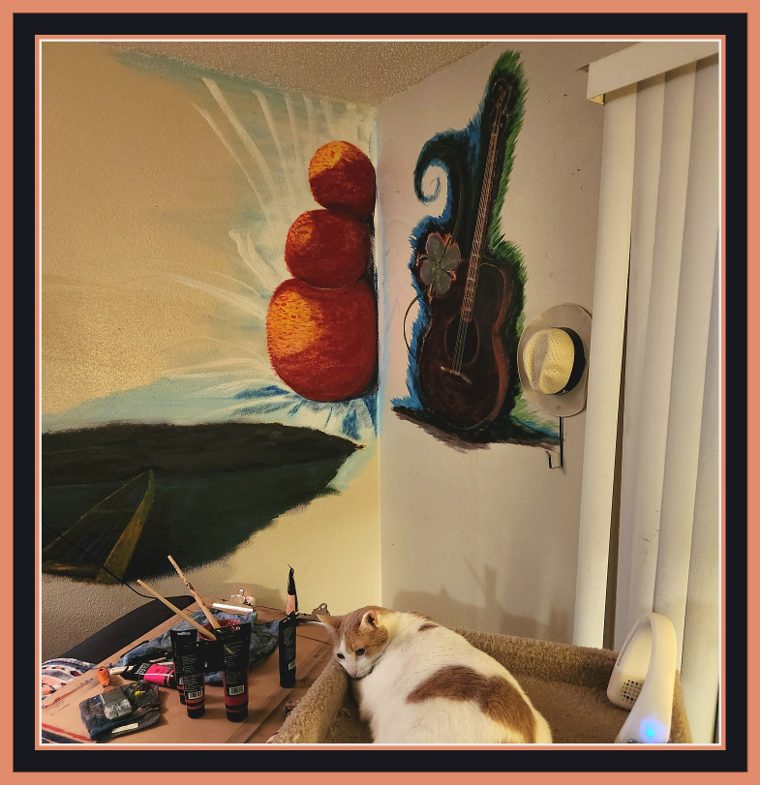The stacked fruit deepened to warm orange-red above the boat and its night water, with brushes and paint tubes on the table below the wall.