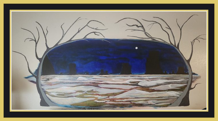 Oval window painted on a pale wall opening onto a moonlit night: dark standing monoliths across a snowy field under a deep blue sky, framed by bare winter trees whose branches spread out across the wall.