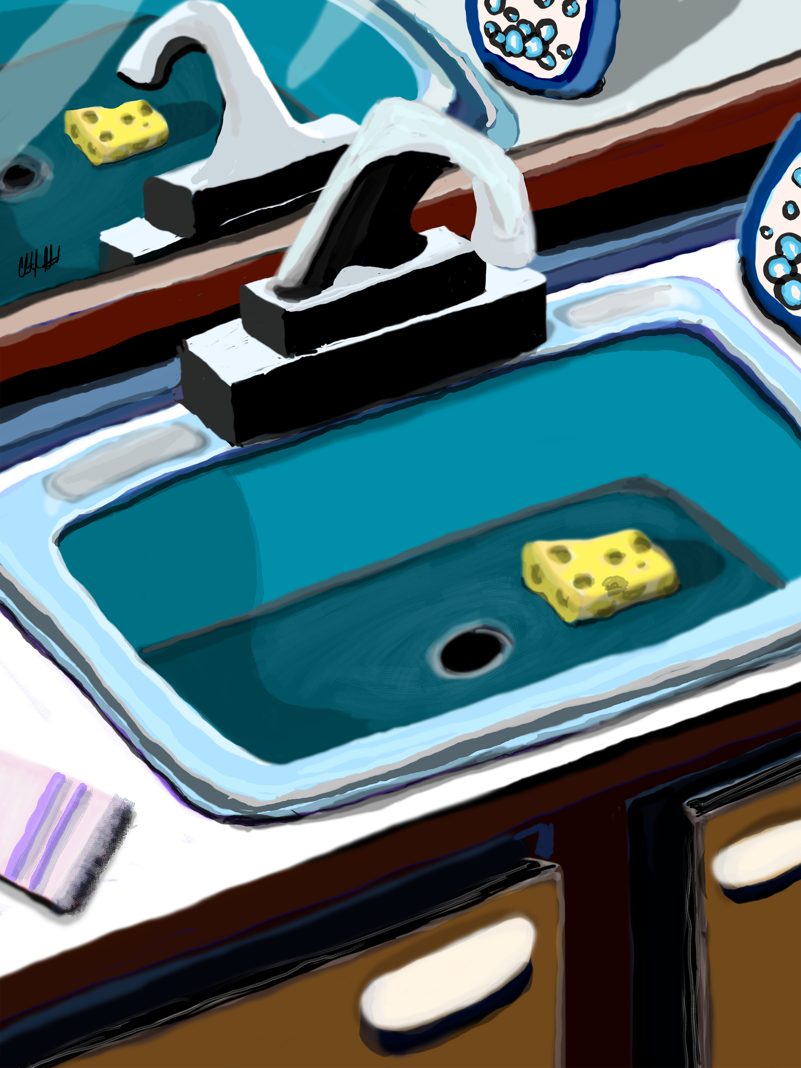 Political cartoon: a kitchen sink brimming with murky teal water, a lone sponge floating near the drain, with more sponges and dish soap crowding the counter — an endless, futile cleanup.