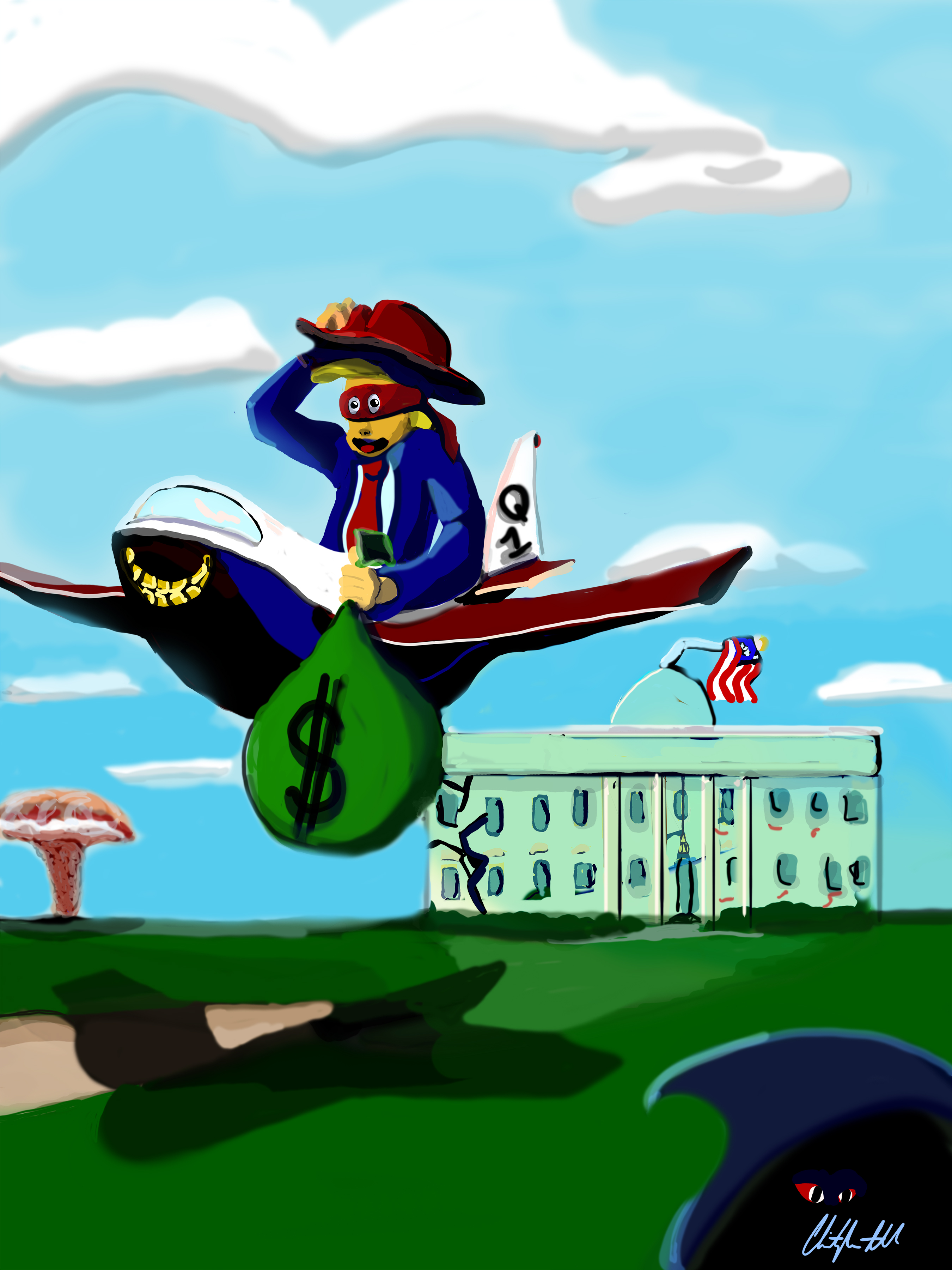 Political cartoon: a masked caricature in a blue suit and oversized red hat rides a private jet marked 'Q1' like a hobby horse over the White House, clutching a giant dollar money bag, as a mushroom cloud rises on the horizon.